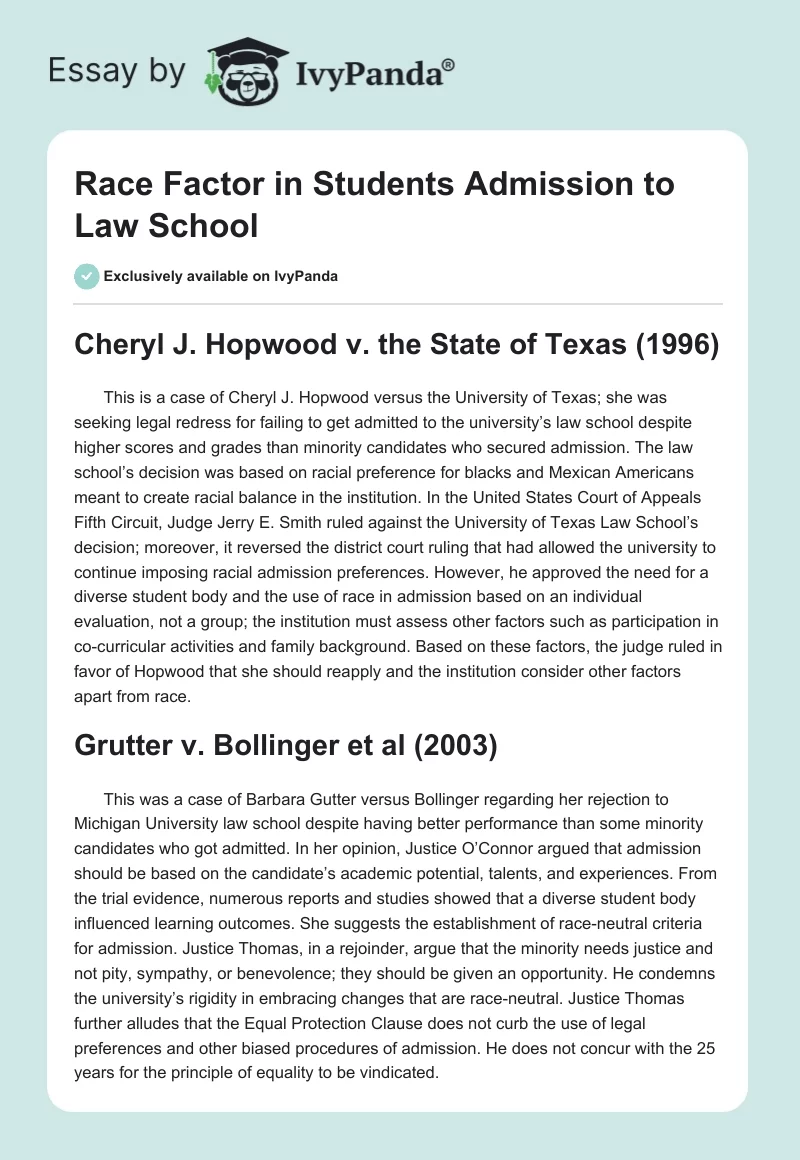 Race Factor in Students Admission to Law School. Page 1