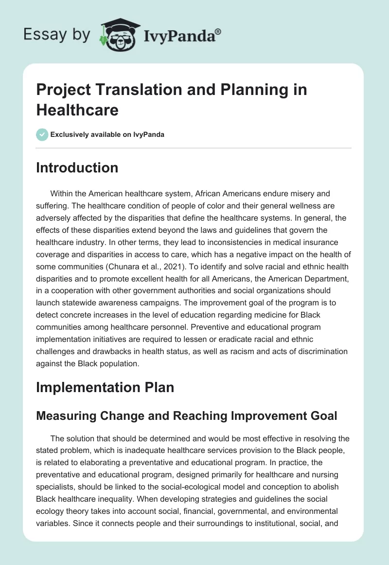 Project Translation and Planning in Healthcare. Page 1