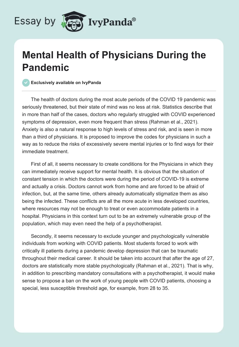 Mental Health of Physicians During the Pandemic. Page 1