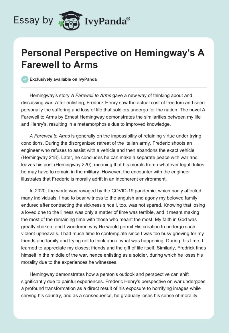 Personal Perspective on Hemingway's "A Farewell to Arms". Page 1