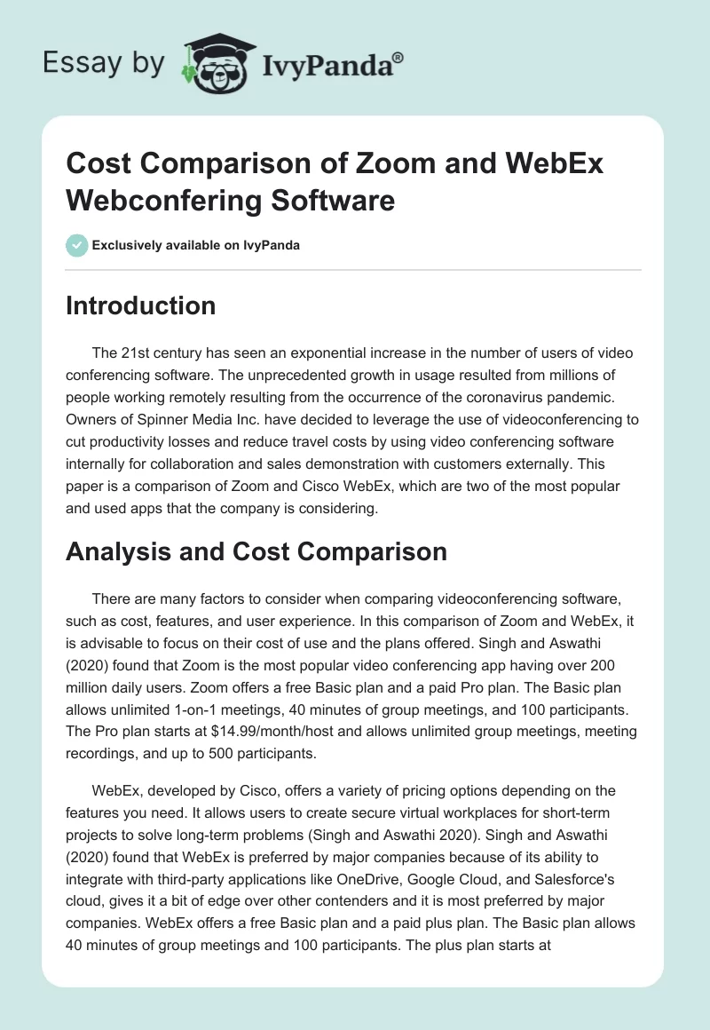 Cost Comparison of Zoom and WebEx Webconfering Software. Page 1