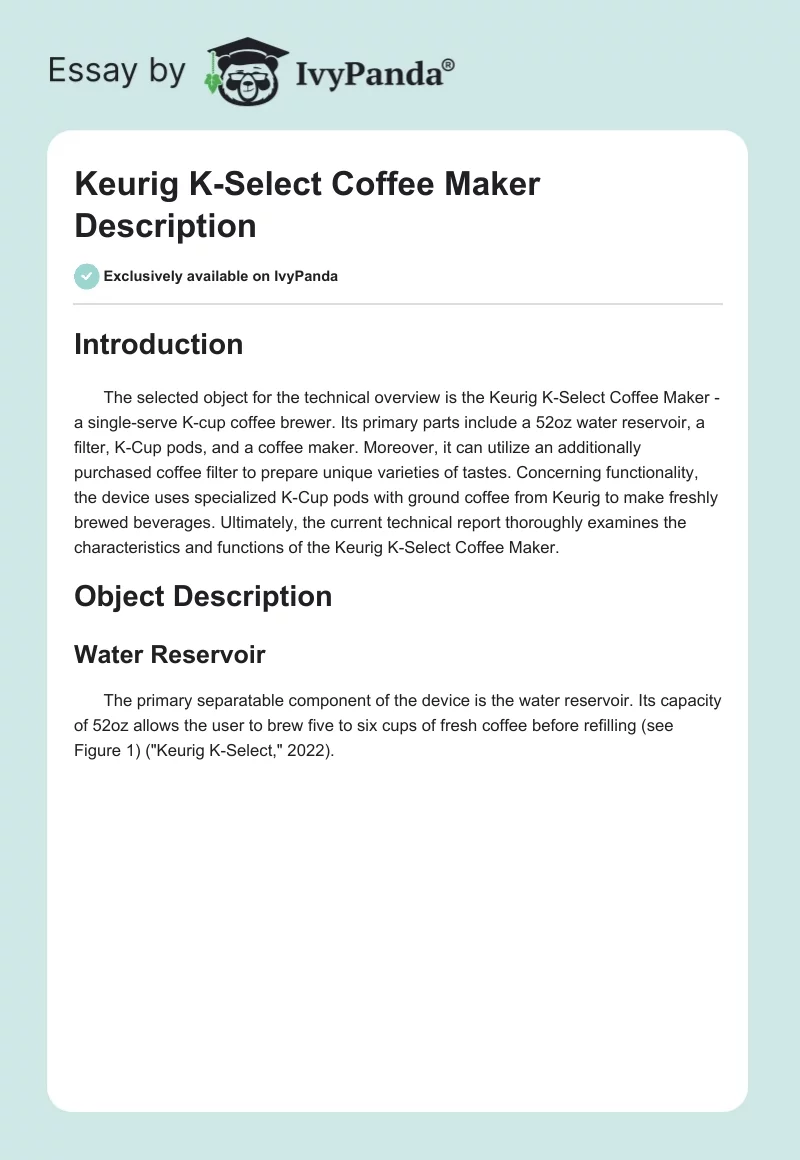 Keurig K-Select Coffee Maker Description. Page 1