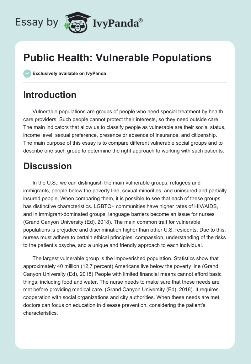 Public Health: Vulnerable Populations. Page 1