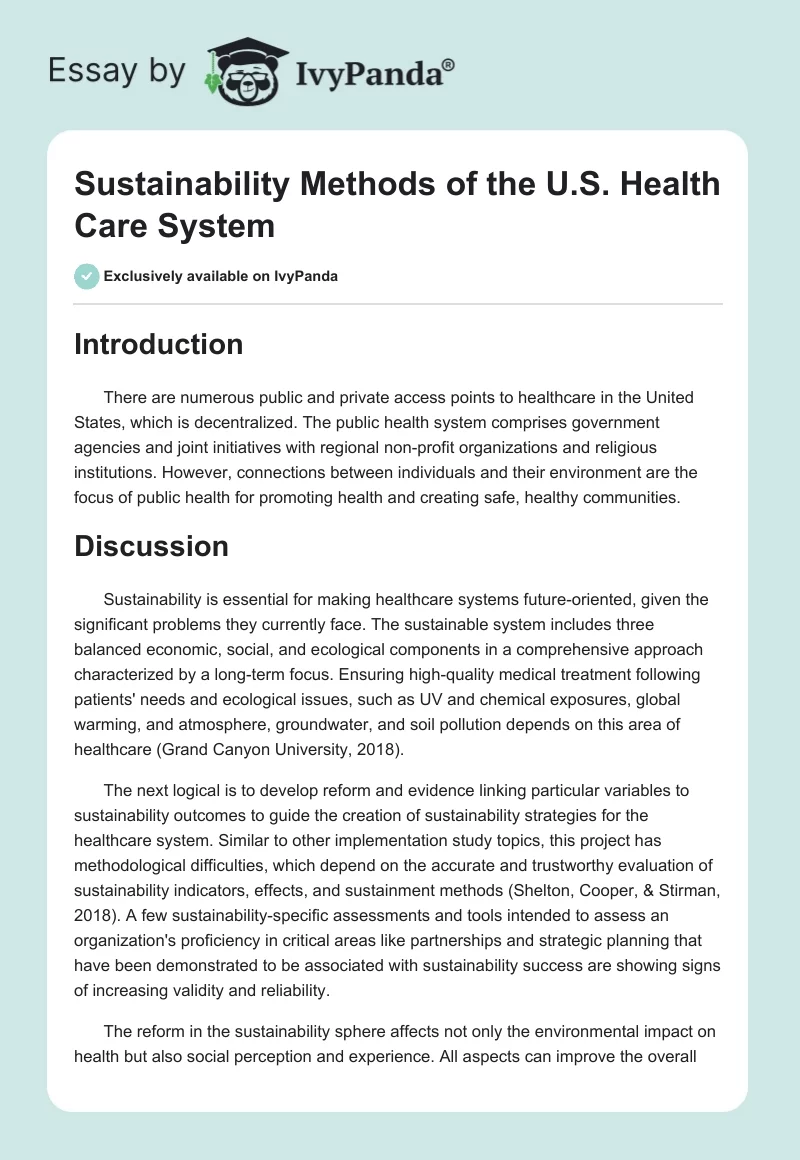 Sustainability Methods of the U.S. Health Care System. Page 1