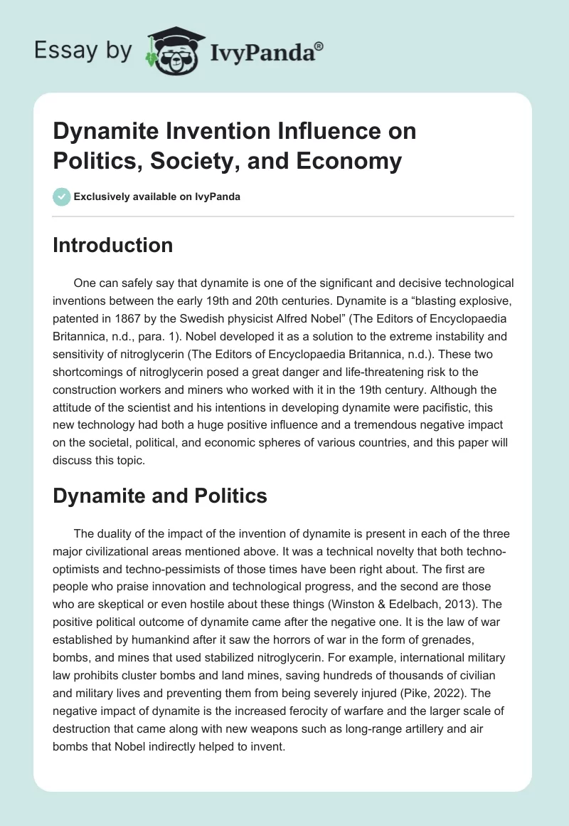 Dynamite Invention Influence on Politics, Society, and Economy. Page 1