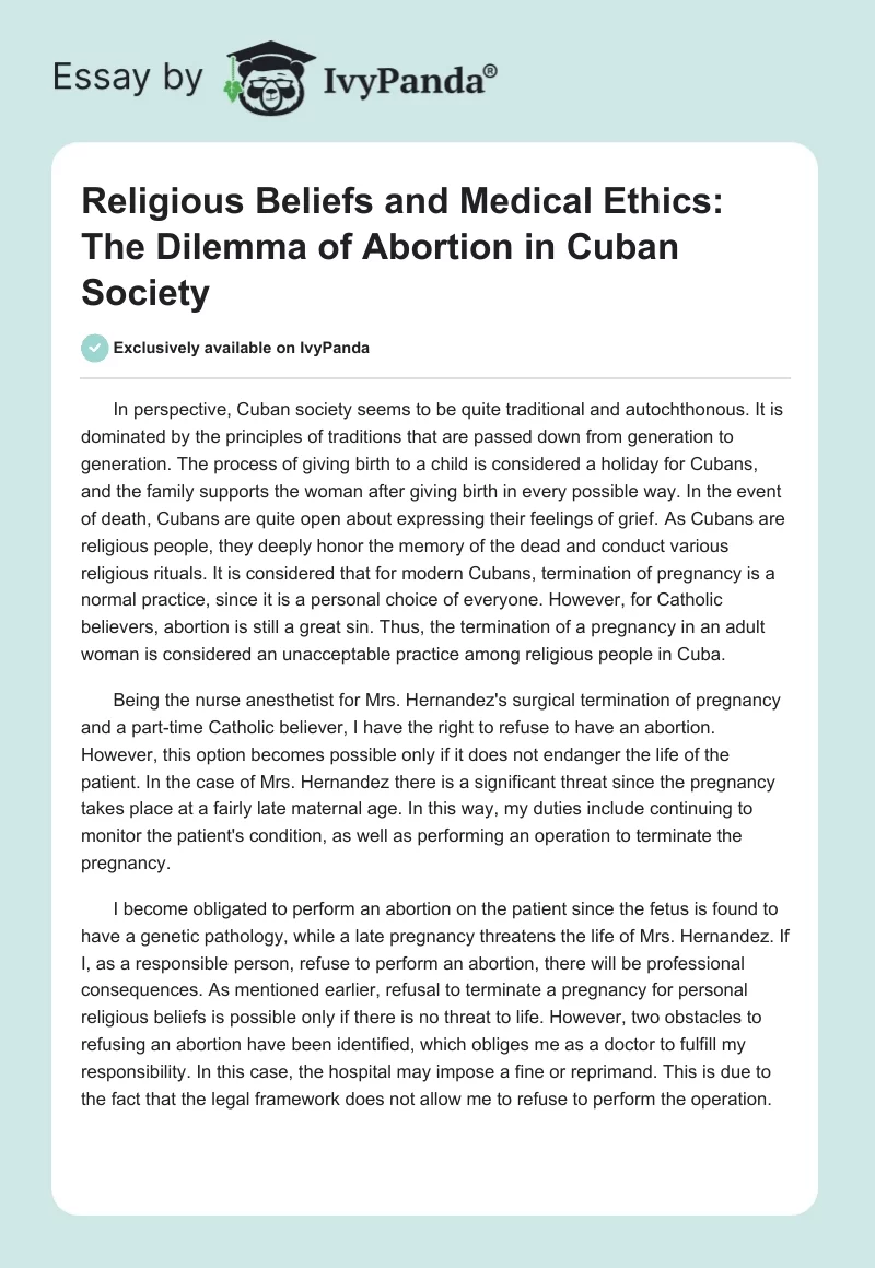 Religious Beliefs and Medical Ethics: The Dilemma of Abortion in Cuban Society. Page 1