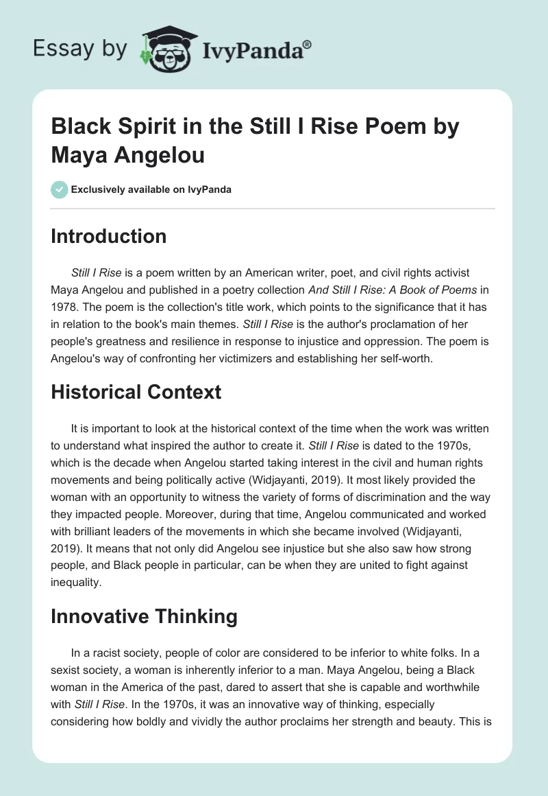 Black Spirit in the "Still I Rise" Poem by Maya Angelou. Page 1