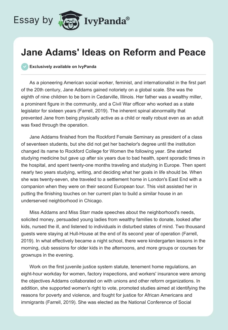 Jane Adams' Ideas on Reform and Peace. Page 1