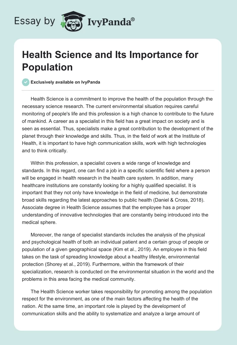 Health Science and Its Importance for Population. Page 1