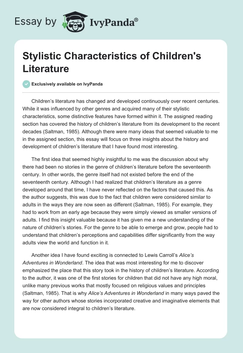 Stylistic Characteristics of Children's Literature. Page 1
