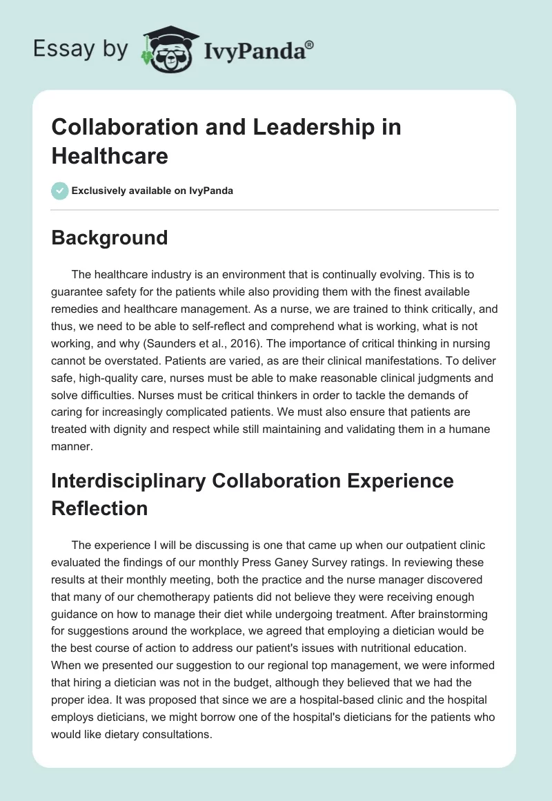 Collaboration and Leadership in Healthcare. Page 1