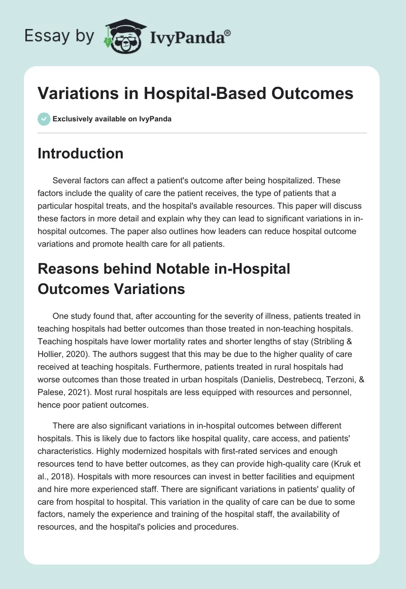 Variations in Hospital-Based Outcomes. Page 1