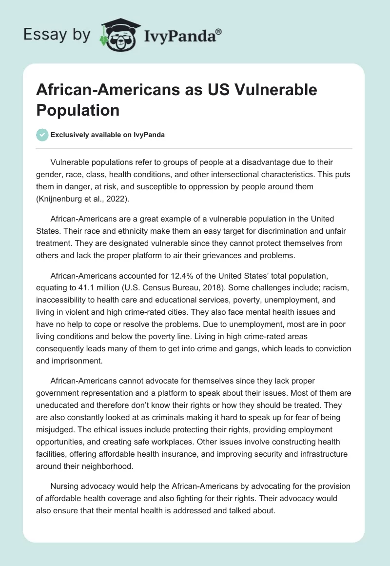 African-Americans as US Vulnerable Population. Page 1