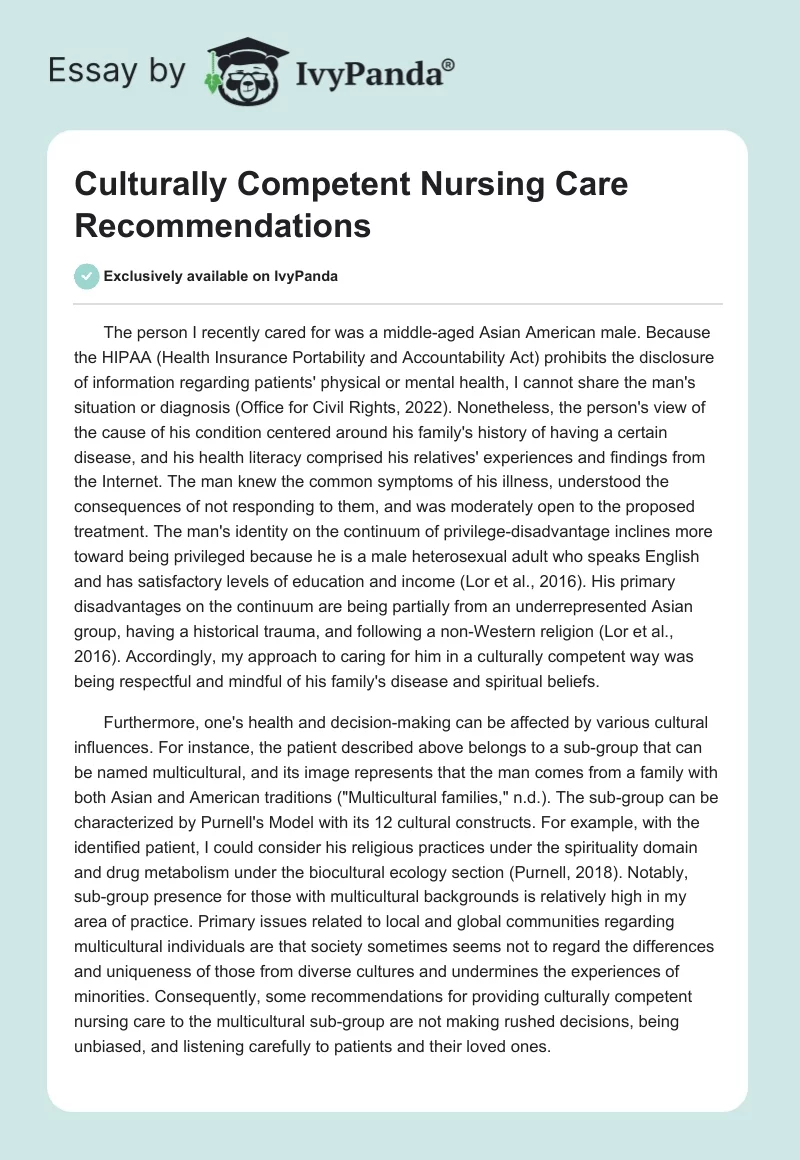 Culturally Competent Nursing Care Recommendations. Page 1