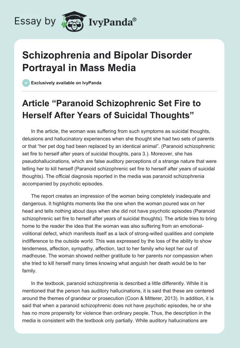 Schizophrenia and Bipolar Disorder Portrayal in Mass Media. Page 1