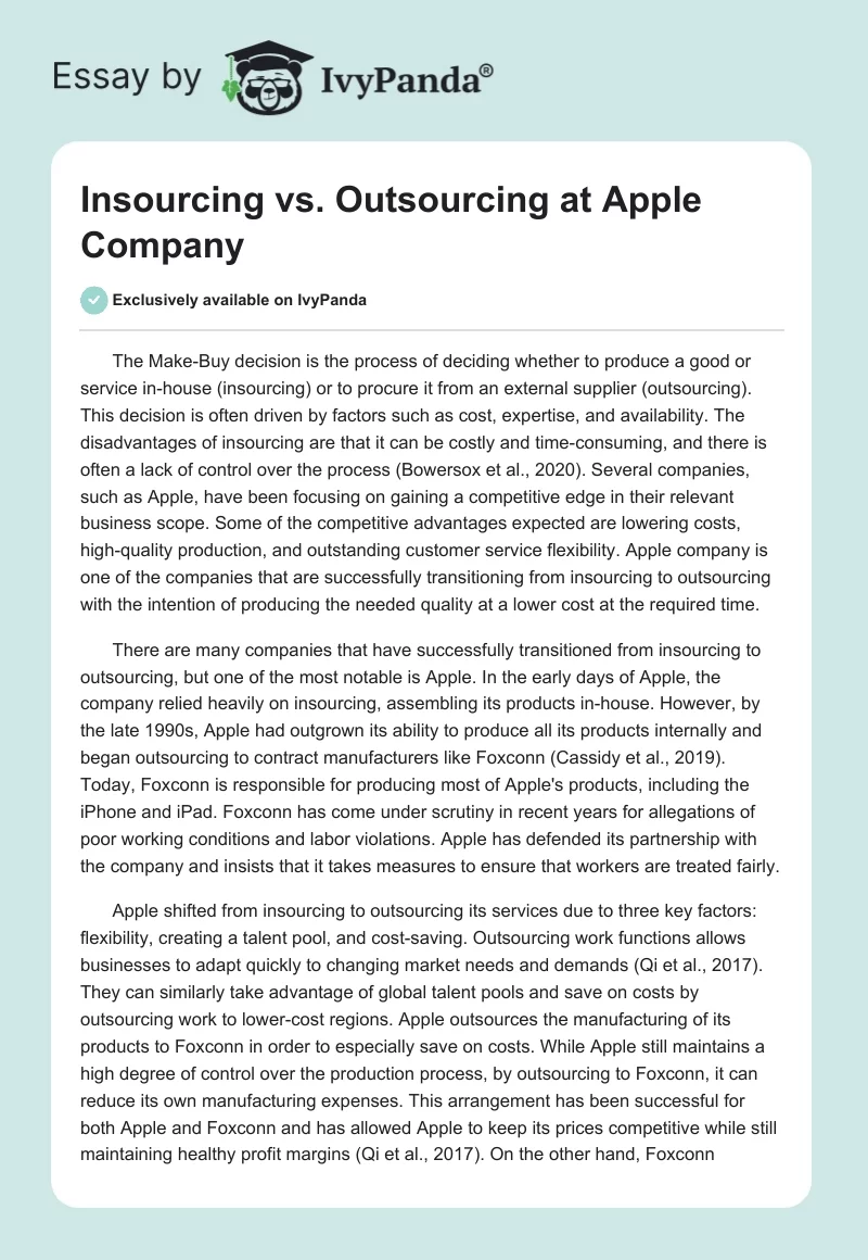 Insourcing vs. Outsourcing at Apple Company. Page 1