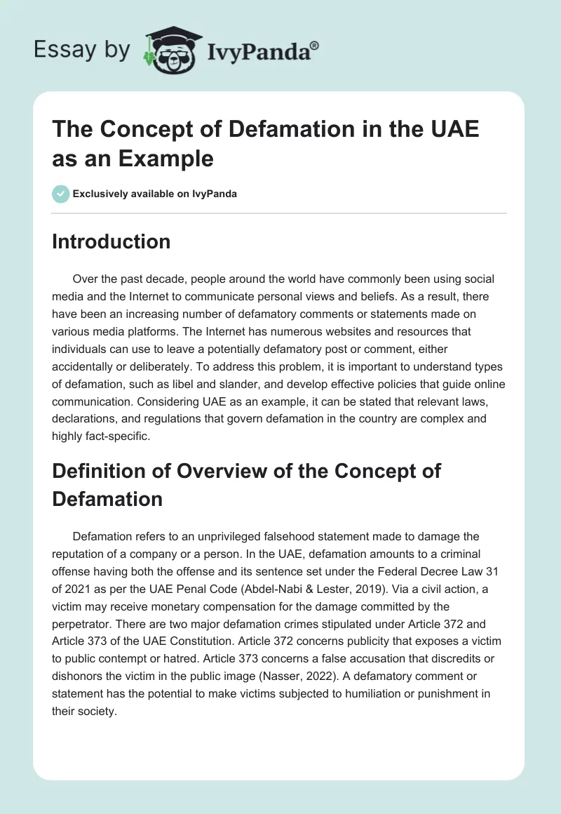 The Concept of Defamation in the UAE as an Example. Page 1