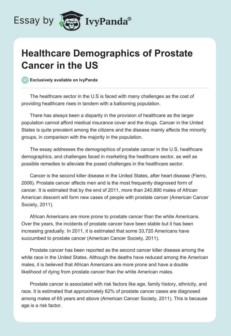 Healthcare Demographics of Prostate Cancer in the US. Page 1