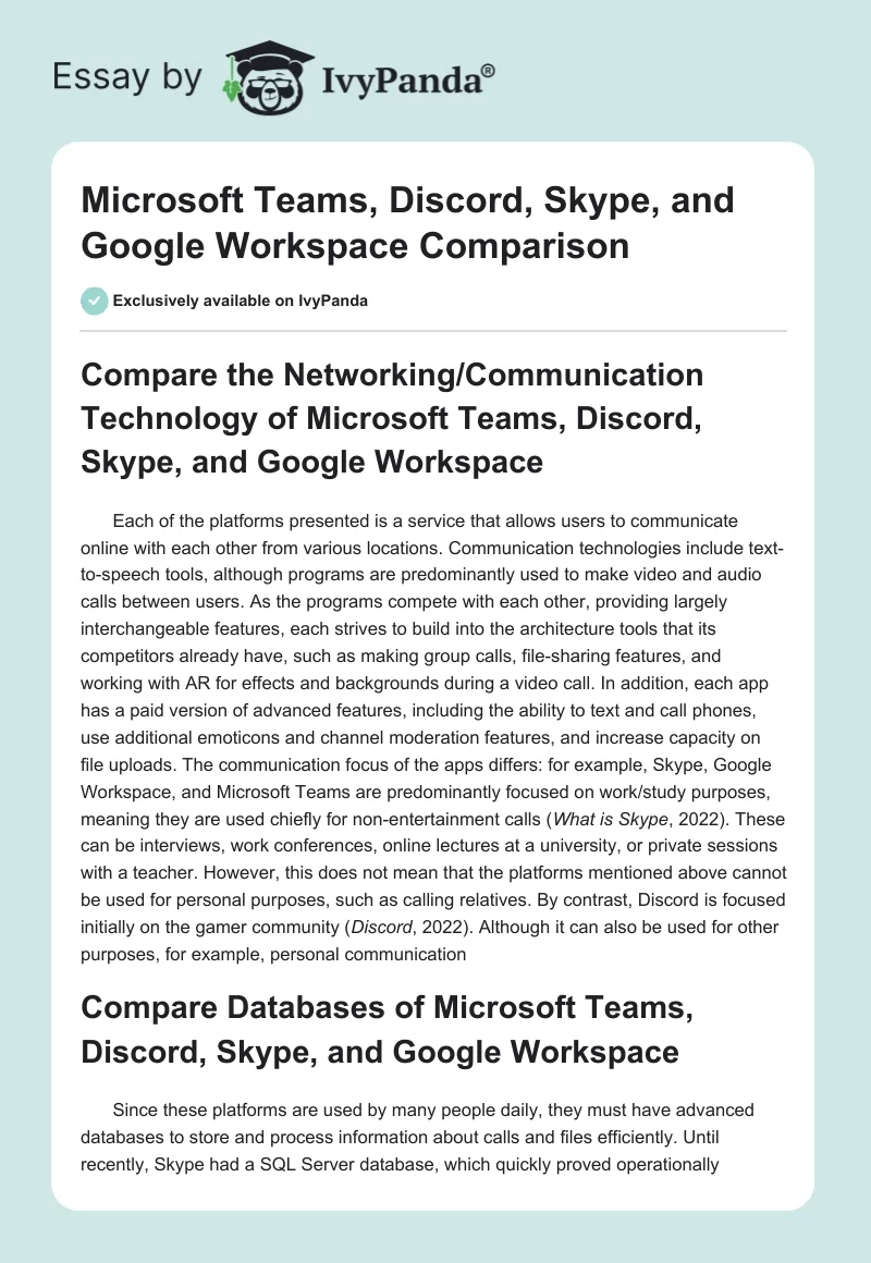 Microsoft Teams, Discord, Skype, and Google Workspace Comparison. Page 1