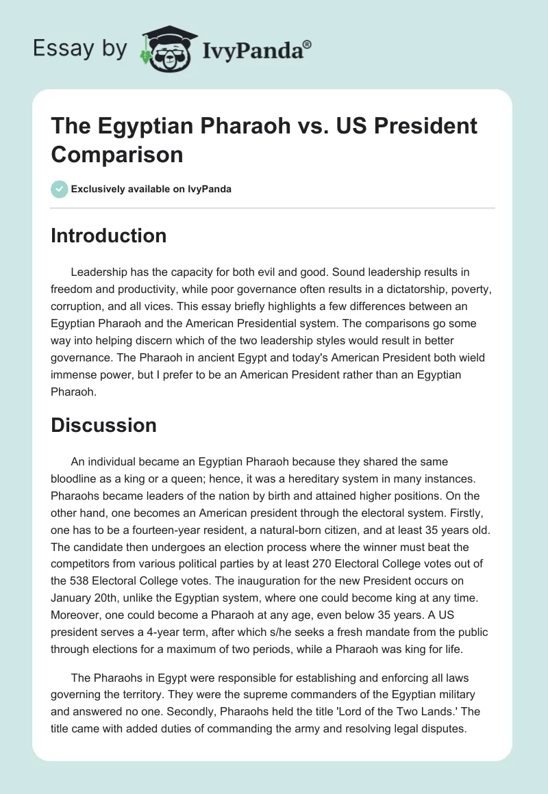The Egyptian Pharaoh vs. US President Comparison. Page 1