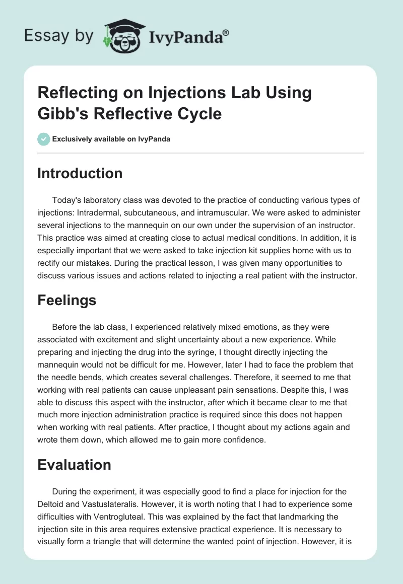 Reflecting on Injections Lab Using Gibb's Reflective Cycle. Page 1