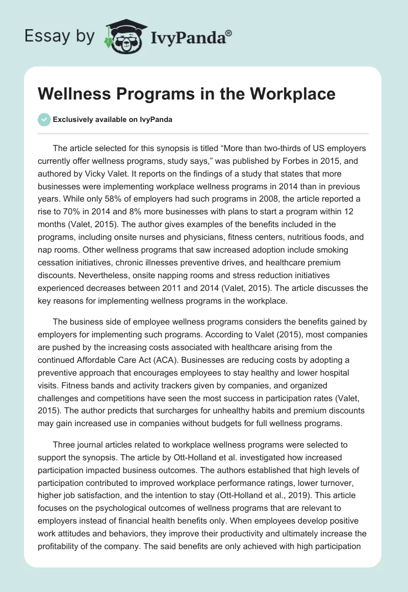 Wellness Programs in the Workplace. Page 1