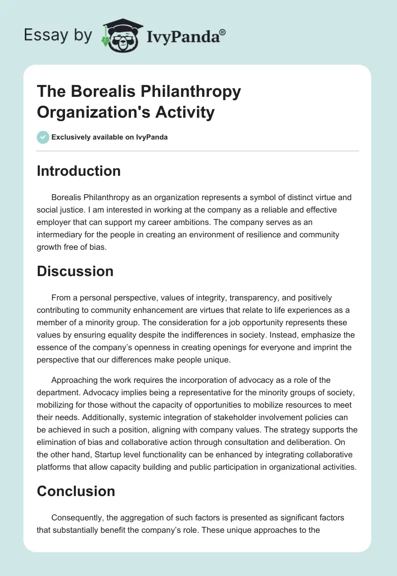 The Borealis Philanthropy Organization's Activity. Page 1