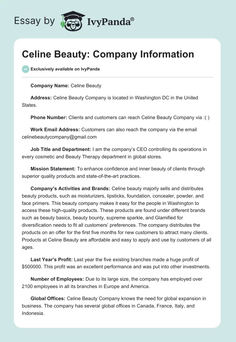 Celine Beauty: Company Information. Page 1