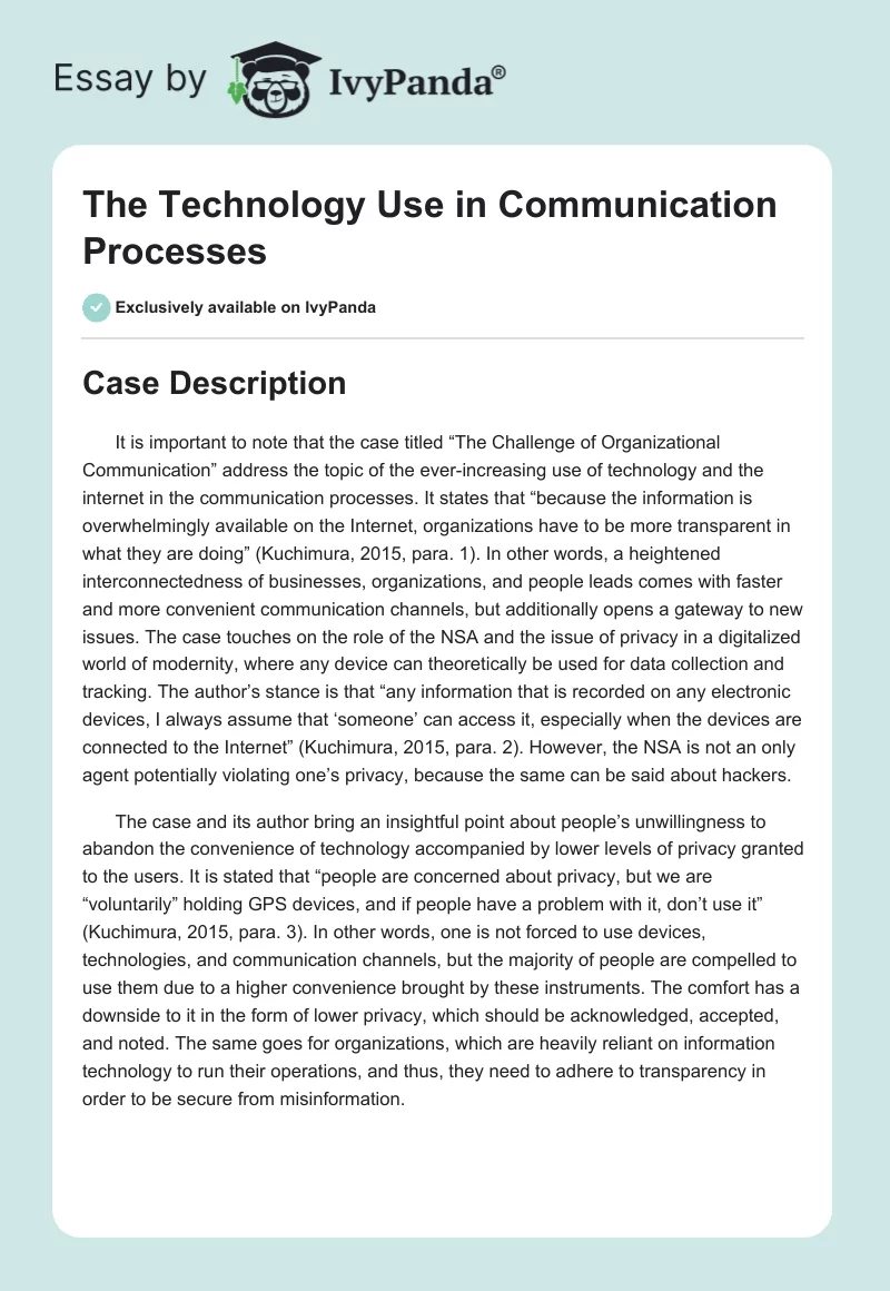 The Technology Use in Communication Processes. Page 1