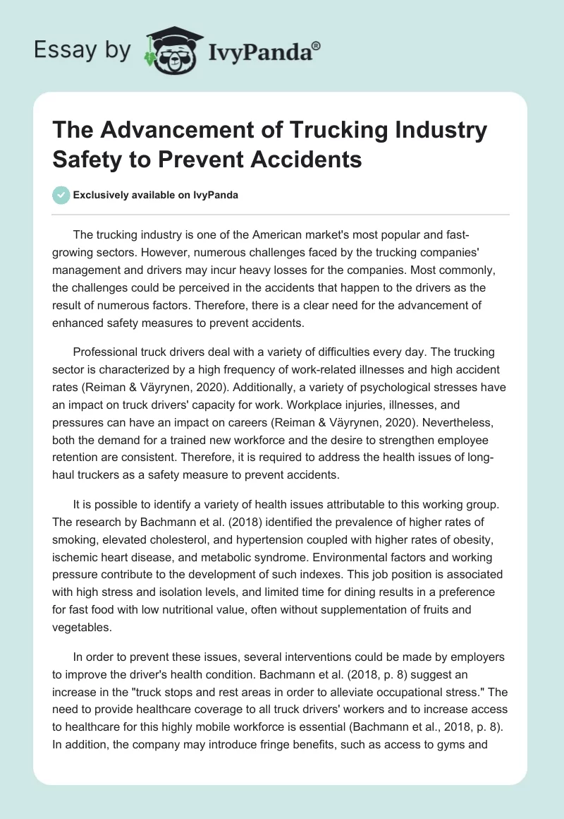 The Advancement of Trucking Industry Safety to Prevent Accidents. Page 1
