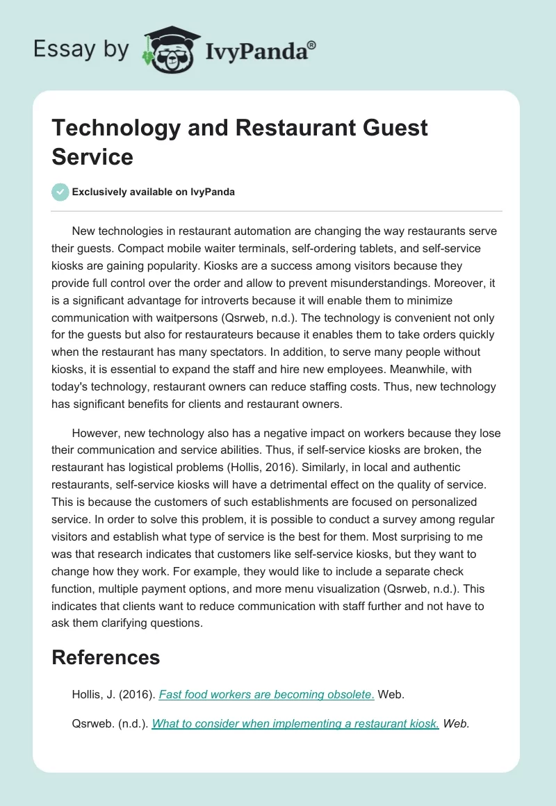 Technology and Restaurant Guest Service. Page 1