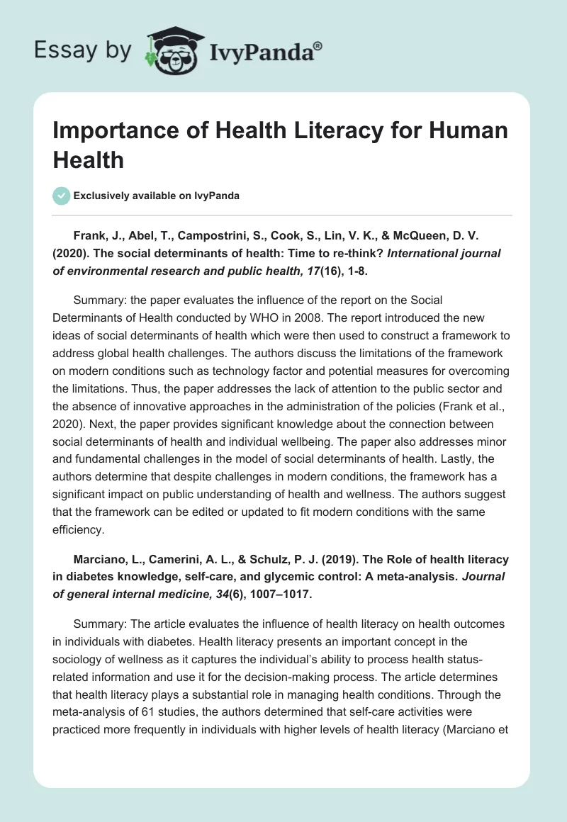 Importance of Health Literacy for Human Health. Page 1