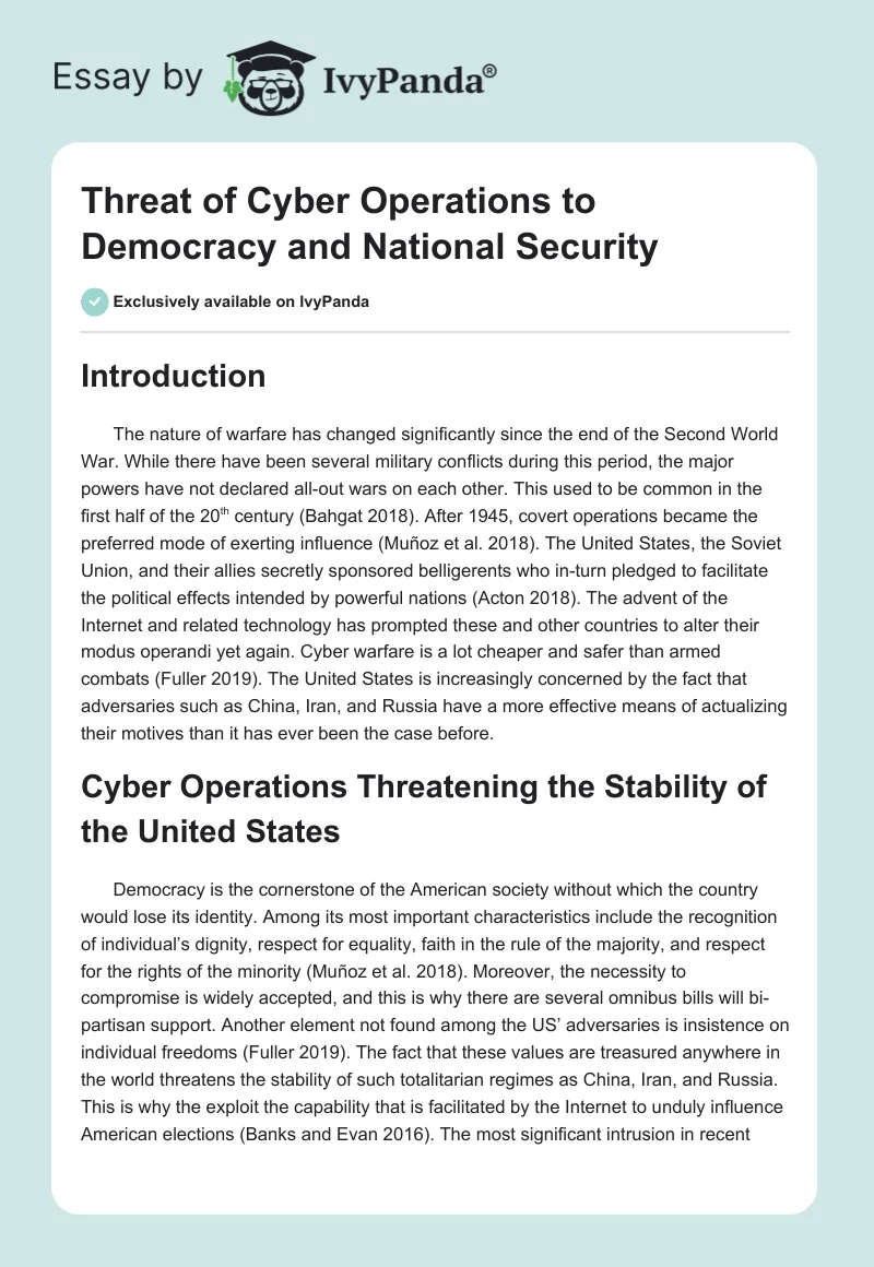 Threat of Cyber Operations to Democracy and National Security. Page 1