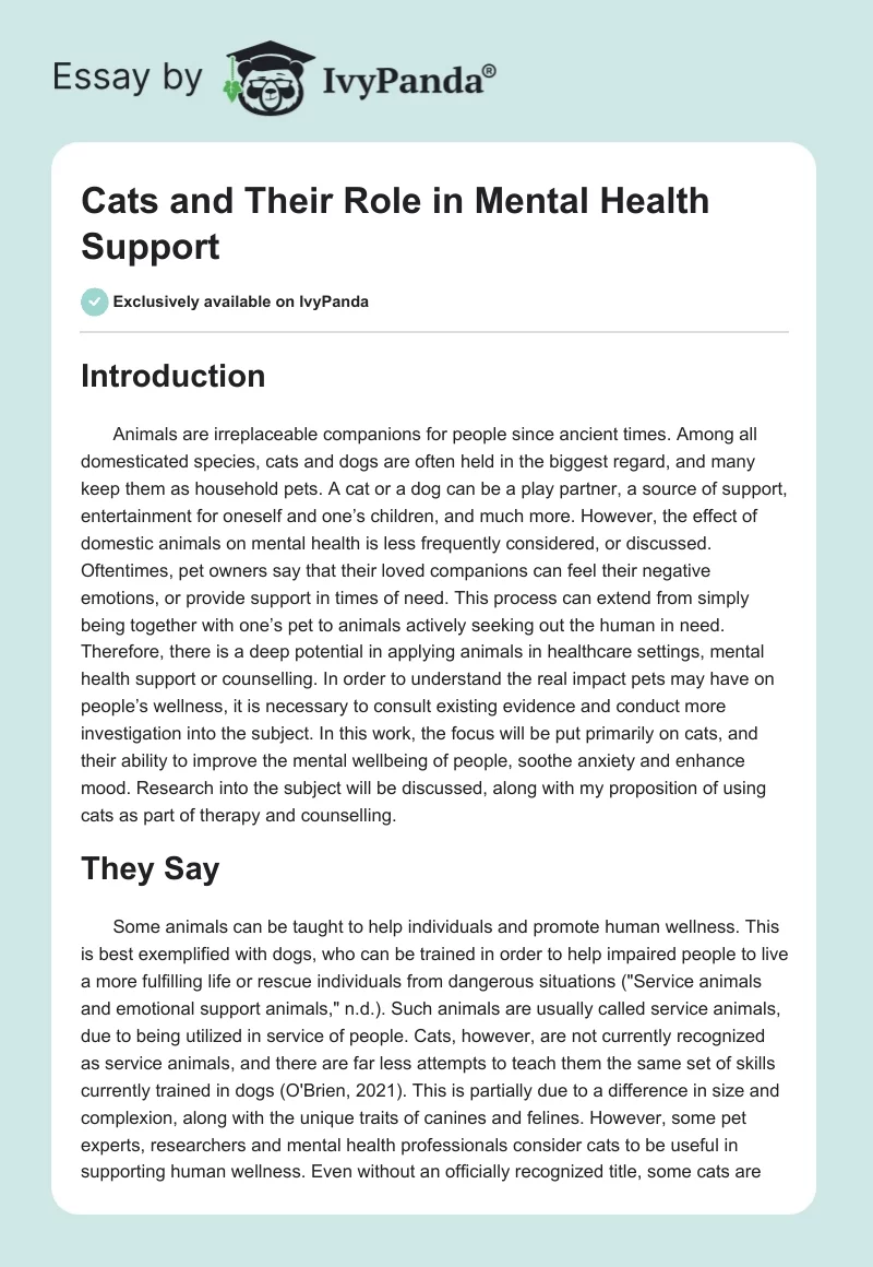 Cats and Their Role in Mental Health Support. Page 1