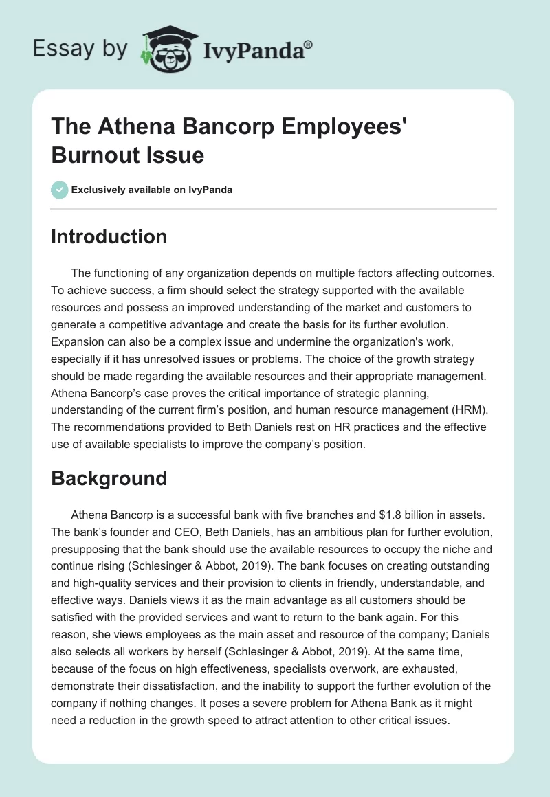 The Athena Bancorp Employees' Burnout Issue. Page 1