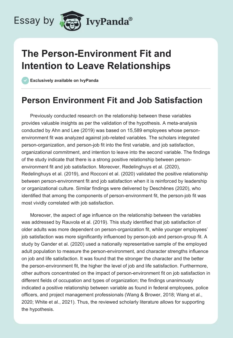 The Person-Environment Fit and Intention to Leave Relationships. Page 1