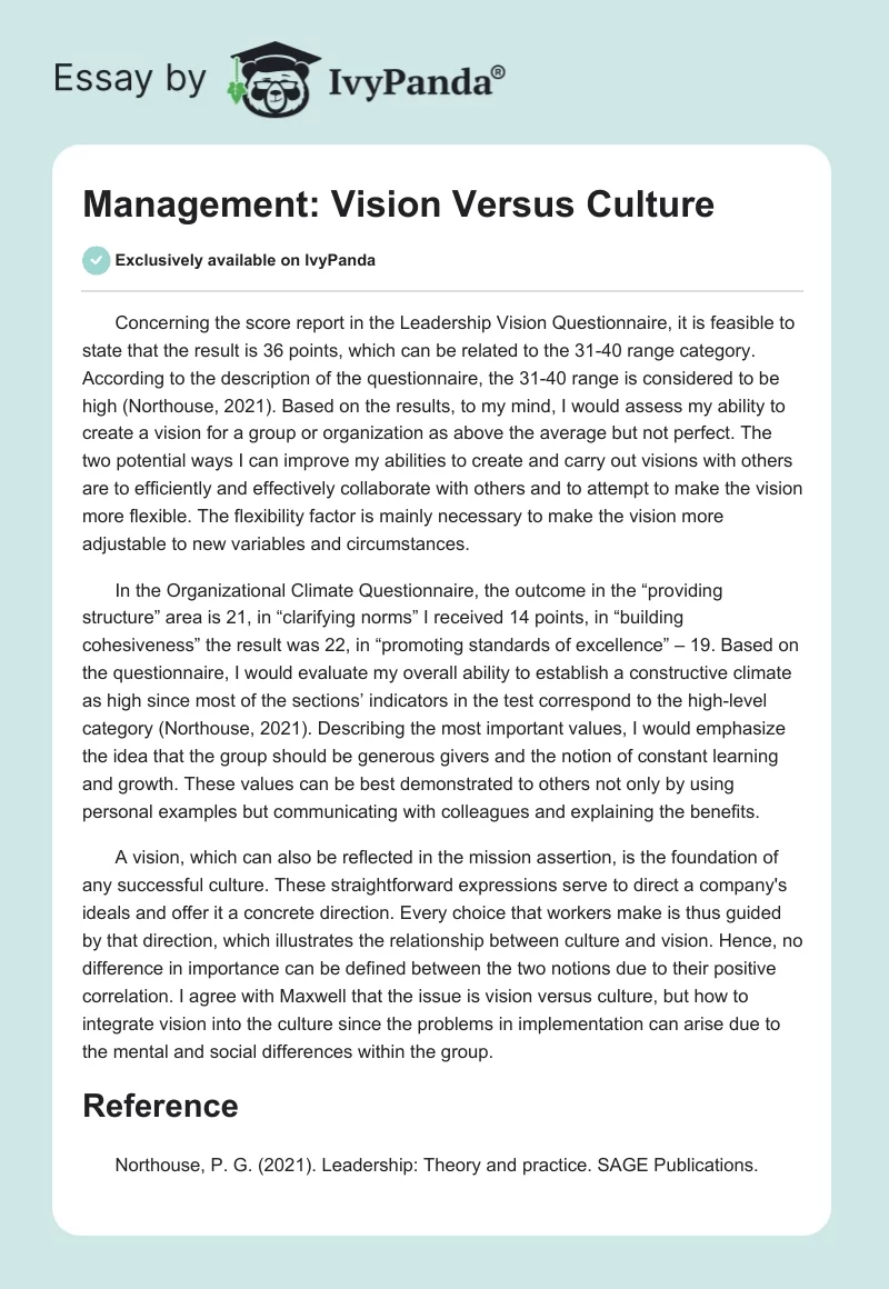 Management: Vision Versus Culture. Page 1