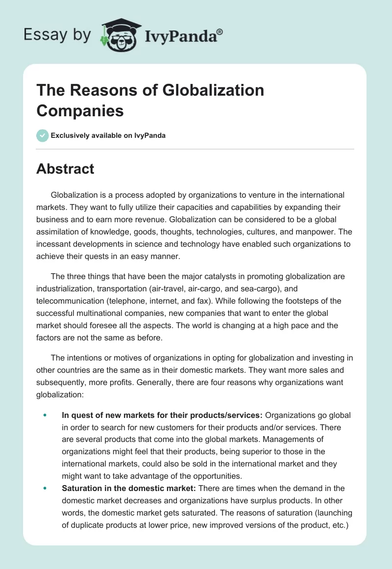 The Reasons of Globalization Companies. Page 1