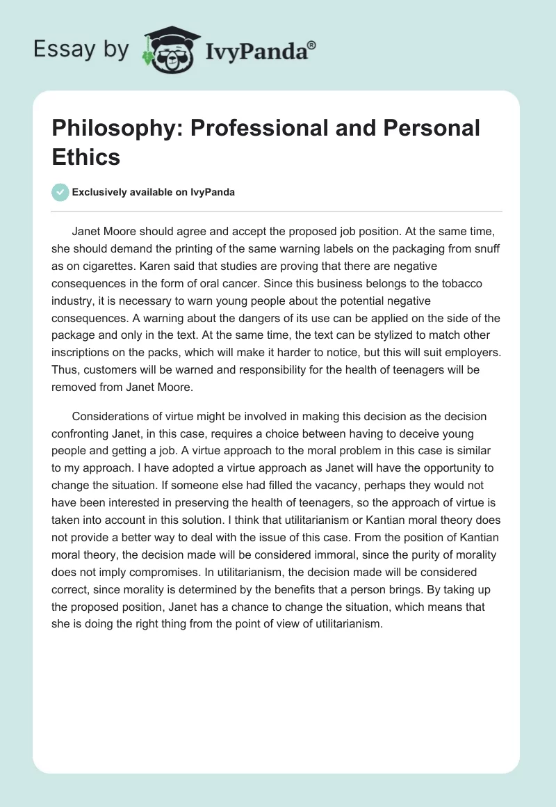 Philosophy: Professional and Personal Ethics. Page 1