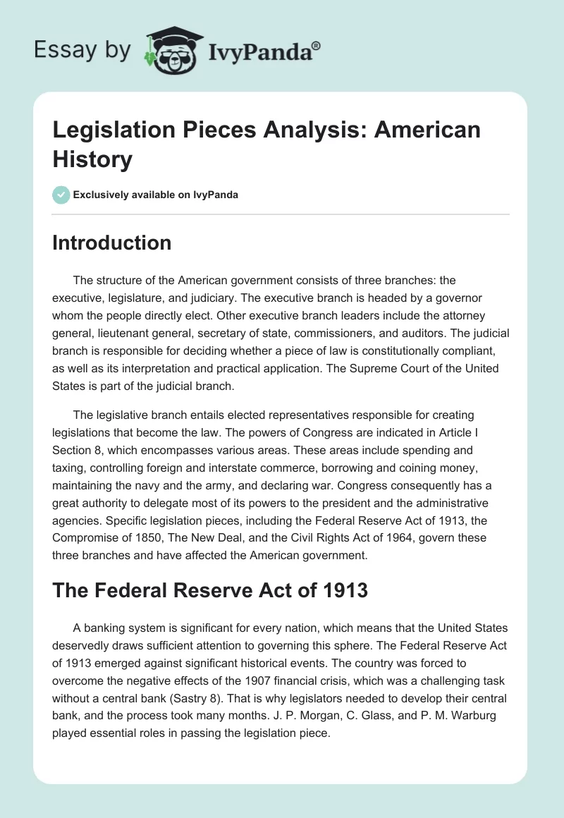 Legislation Pieces Analysis: American History. Page 1