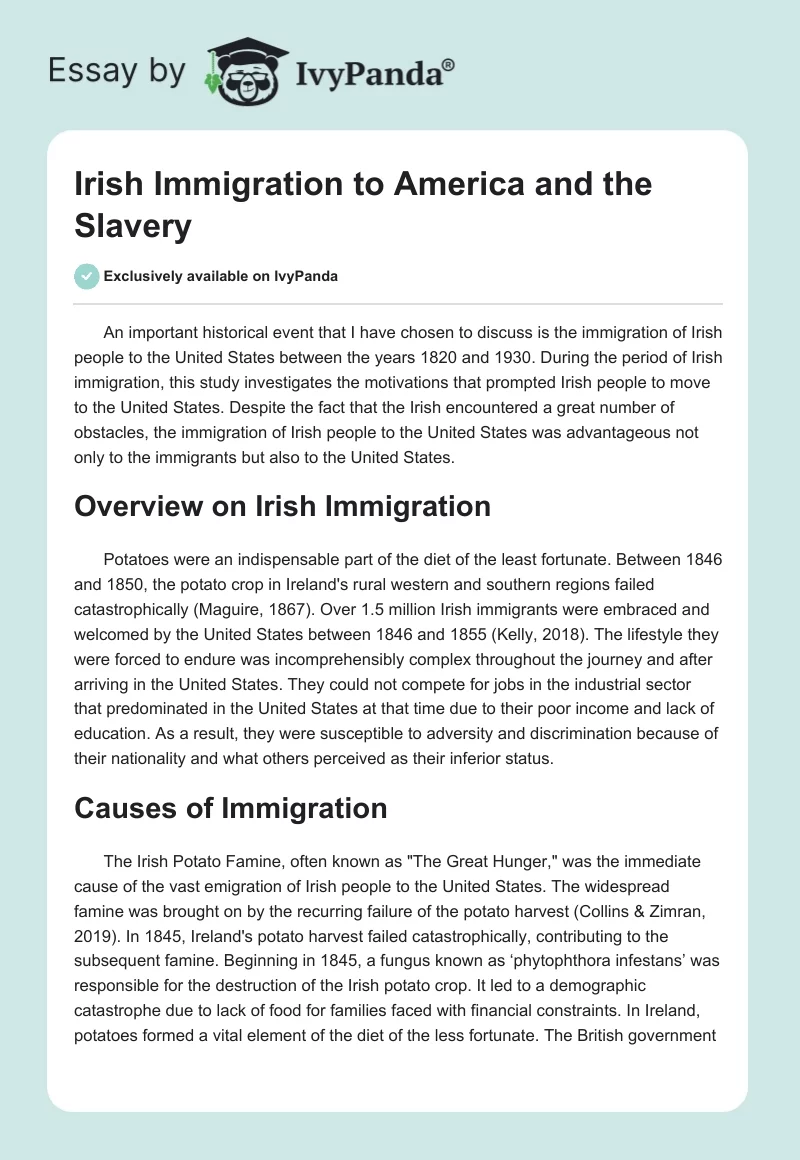 Irish Immigration to America and the Slavery. Page 1