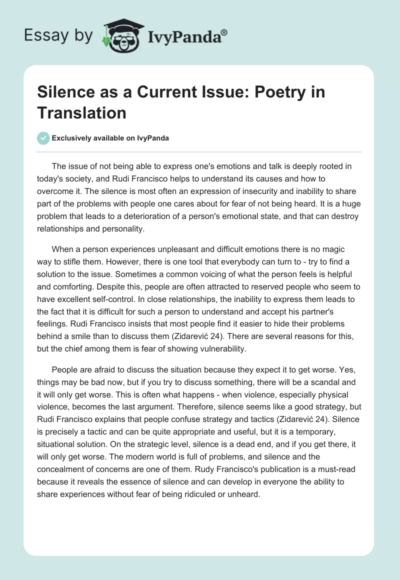 Silence as a Current Issue: Poetry in Translation. Page 1