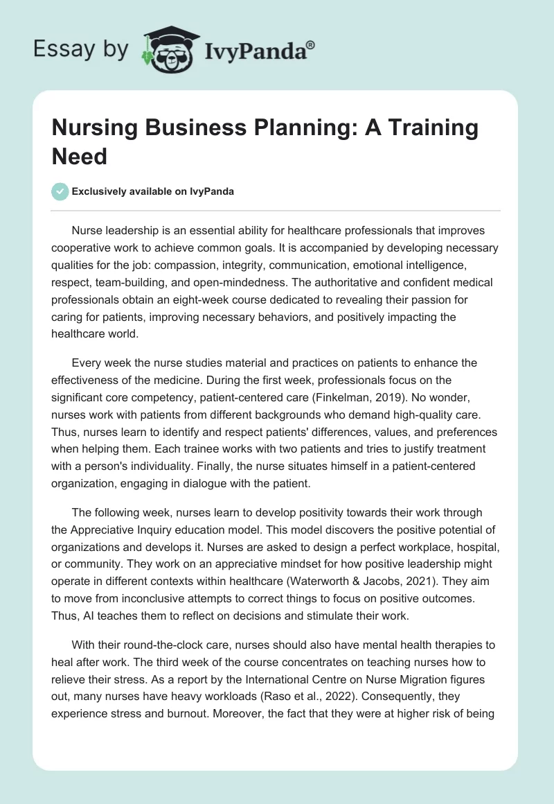 Nursing Business Planning: A Training Need. Page 1