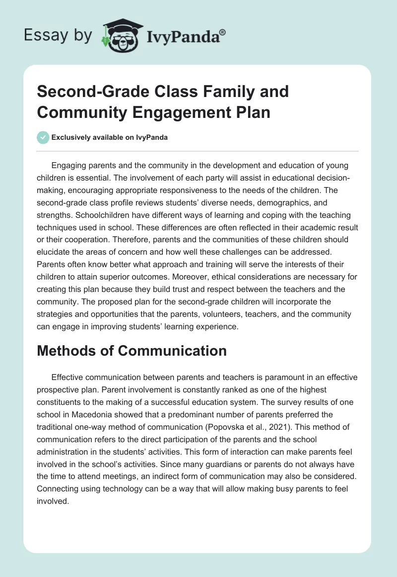 Second-Grade Class Family and Community Engagement Plan. Page 1