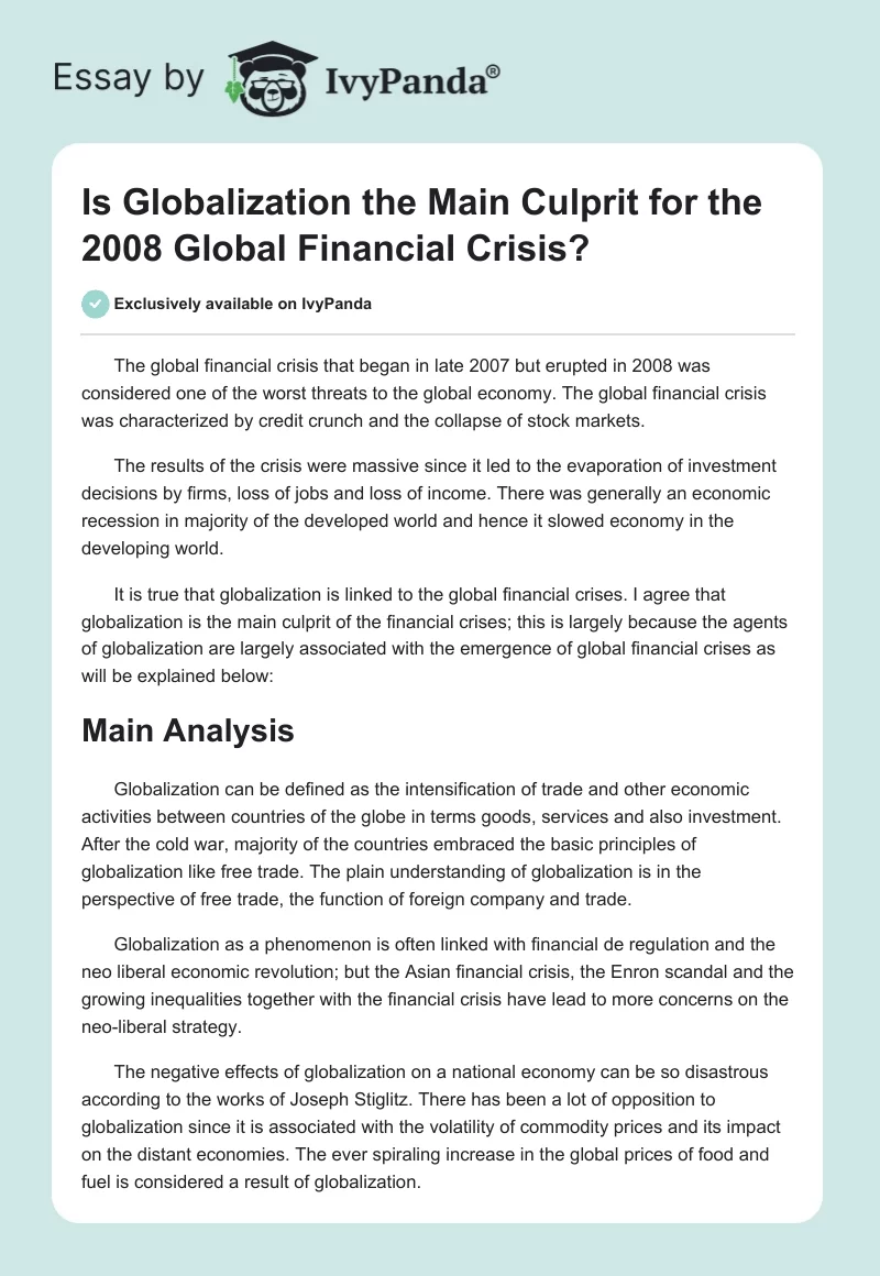Is Globalization the Main Culprit for the 2008 Global Financial Crisis?. Page 1