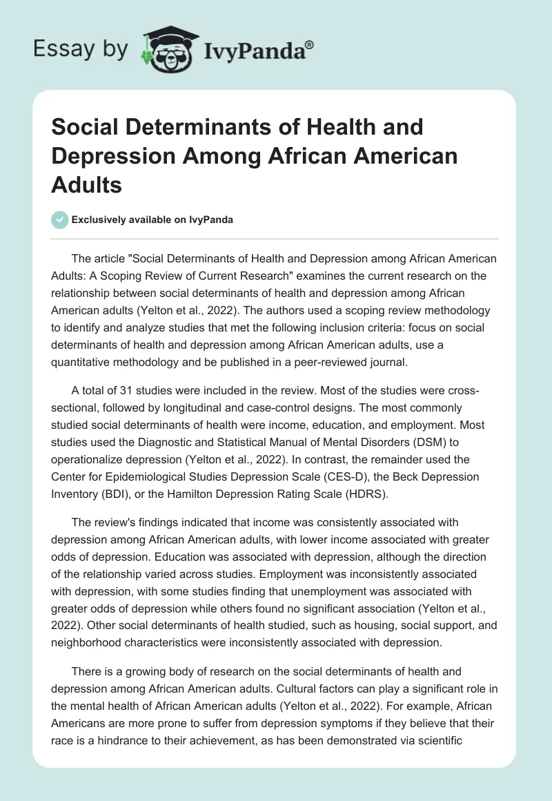 Social Determinants of Health and Depression Among African American Adults. Page 1