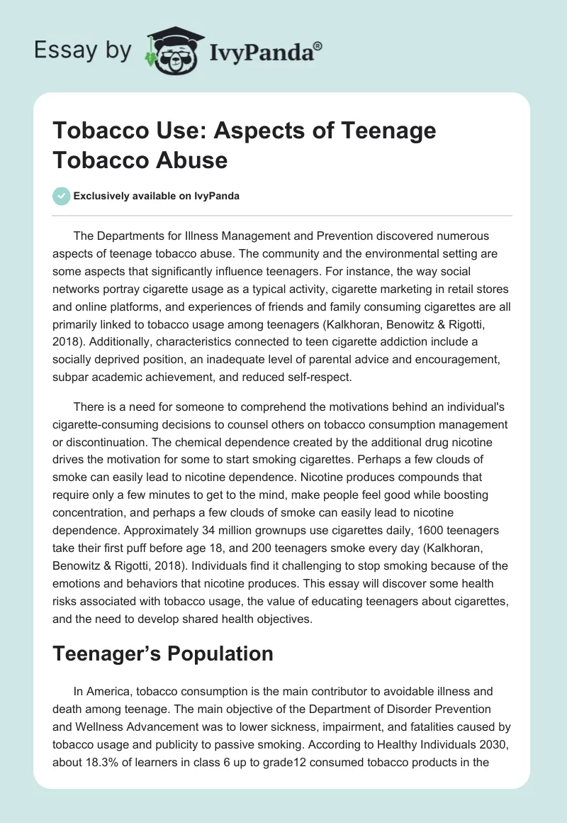 Tobacco Use: Aspects of Teenage Tobacco Abuse. Page 1