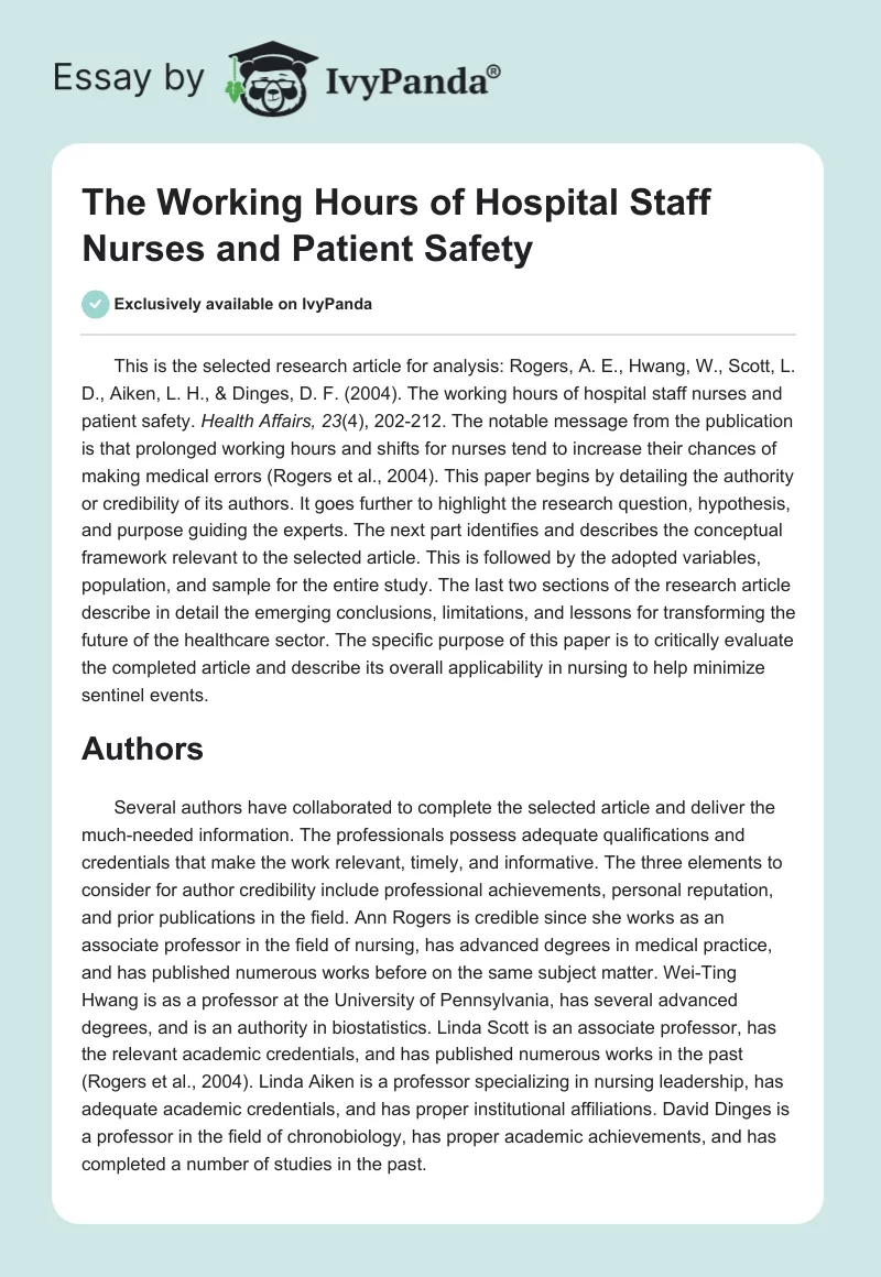 The Working Hours of Hospital Staff Nurses and Patient Safety. Page 1