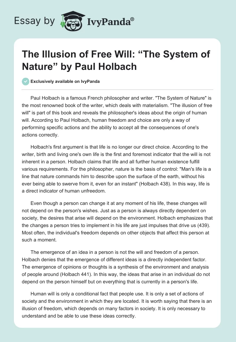 The Illusion of Free Will: “The System of Nature” by Paul Holbach. Page 1