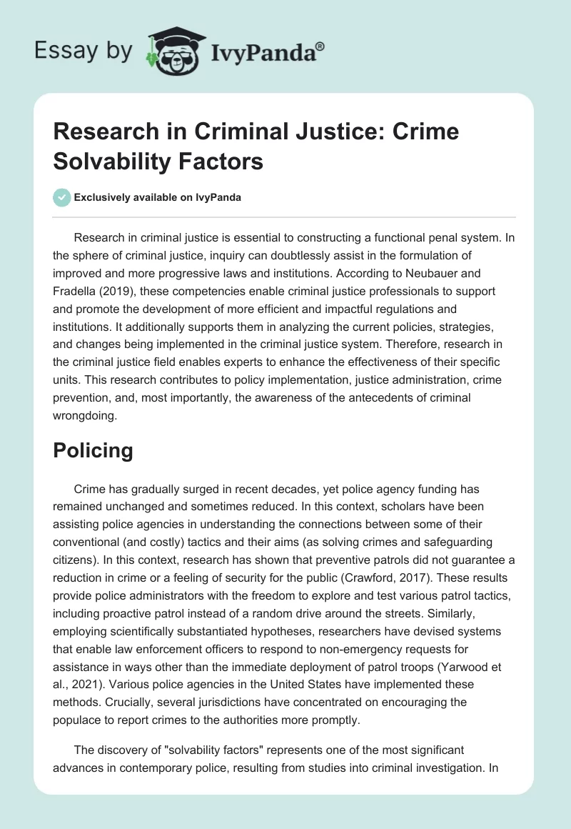 Research in Criminal Justice: Crime Solvability Factors. Page 1